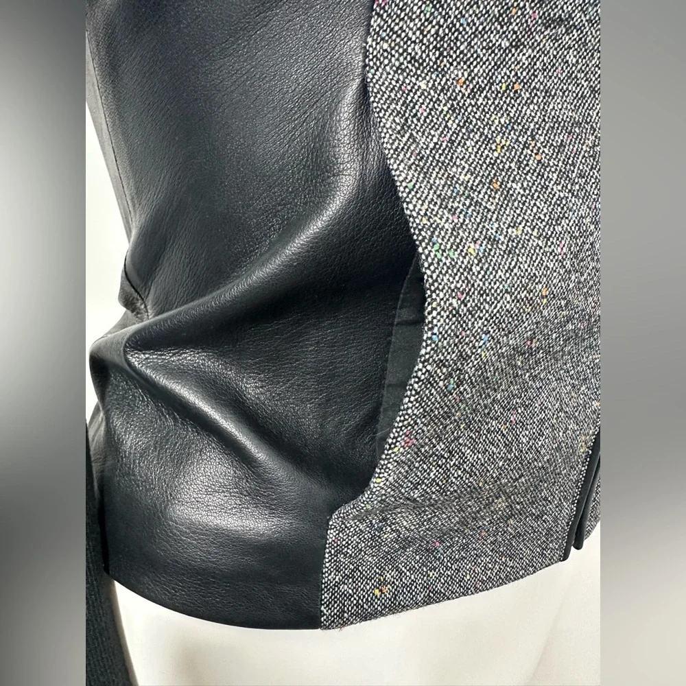 Cole Haan Sz 10 Gray Black Lambskin Leather Wool Blend Tweed Full Zip Jacket - Picture 5 of 14